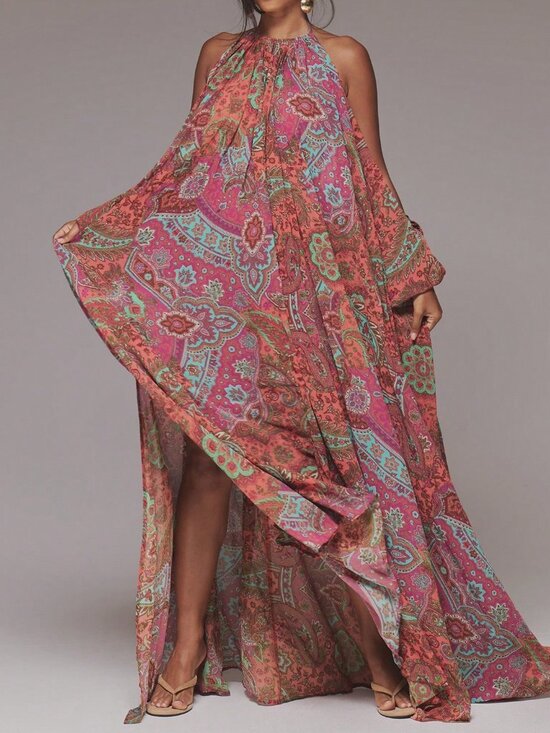 Dresses & Skirts - Orange Boho Women's Paisley Pleated High Neck Long Sleeve Maxi Dress